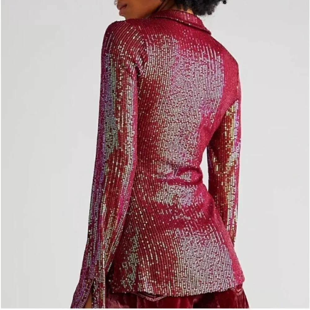 Free People  Iridescent Sequin Collared Ruched Longline Shirtee Dark Rhubarb siz